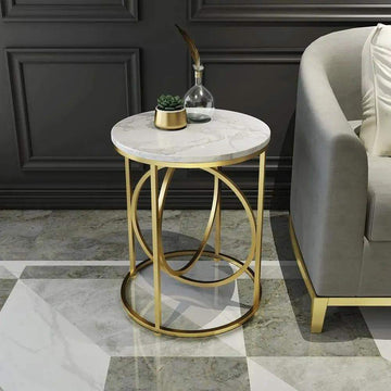 White Round End Table Marble Top Side Table Metal in Gold-Richsoul-End & Side Tables,Furniture,Living Room Furniture